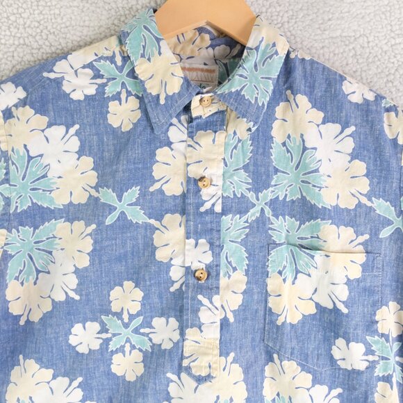 Kahala Hawaiian Shirt Mens Large Blue Floral Reverse Print Popover Camp Vintage - Picture 2 of 9